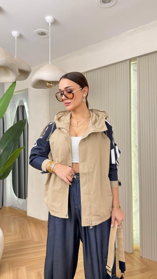 Kapüşonlu Yelek & Gömlek Takım — Bej/Lacivert